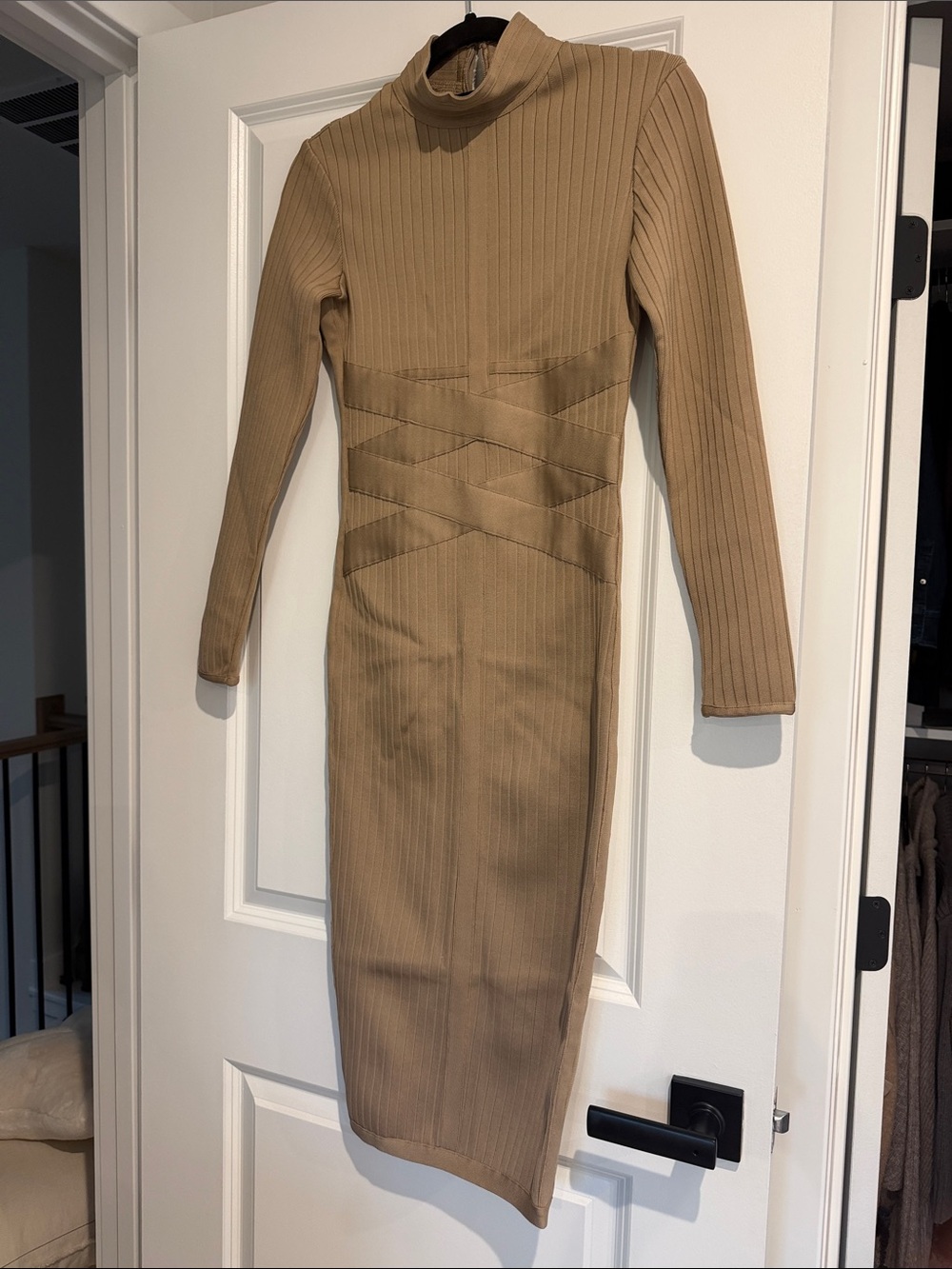 Long Sleeve Ribbed Midi Dress in Camel